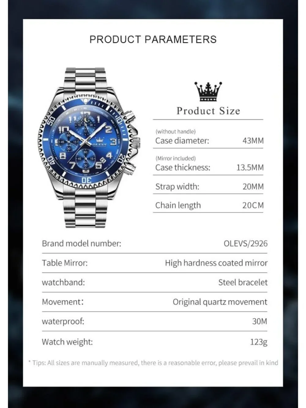 Men's Silver And Blue Stainless Steel Chronograph Analog Waterproof Luxury Watch